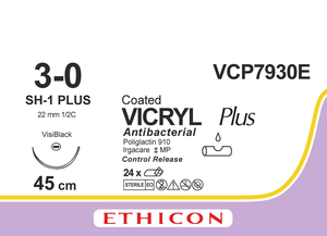 Вікрил Плюс (Vicryl Plus) 3/0, 8 шт. по 45см, кол. голка 22мм Visi Black VCP7930E
