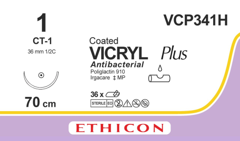 Викрил Плюс (Vicryl Plus) 1, длина 70см, кол. игла 36мм VCP341H