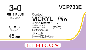 Викрил Плюс (Vicryl Plus) 3/0, 8 шт. по 45см, кол. игла 17мм VCP733E