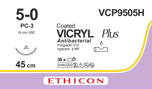 Викрил Плюс (Vicryl Plus) 5/0, длина 45см, реж. игла 16мм VCP9505H