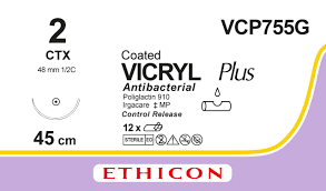 Викрил Плюс (Vicryl Plus) 2, 8 шт. по 45см, кол. игла 48мм VCP755G