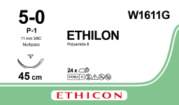 Этилон (Ethilon) 5/0, длина 45см, обр-реж. игла 11мм Prime W1611T